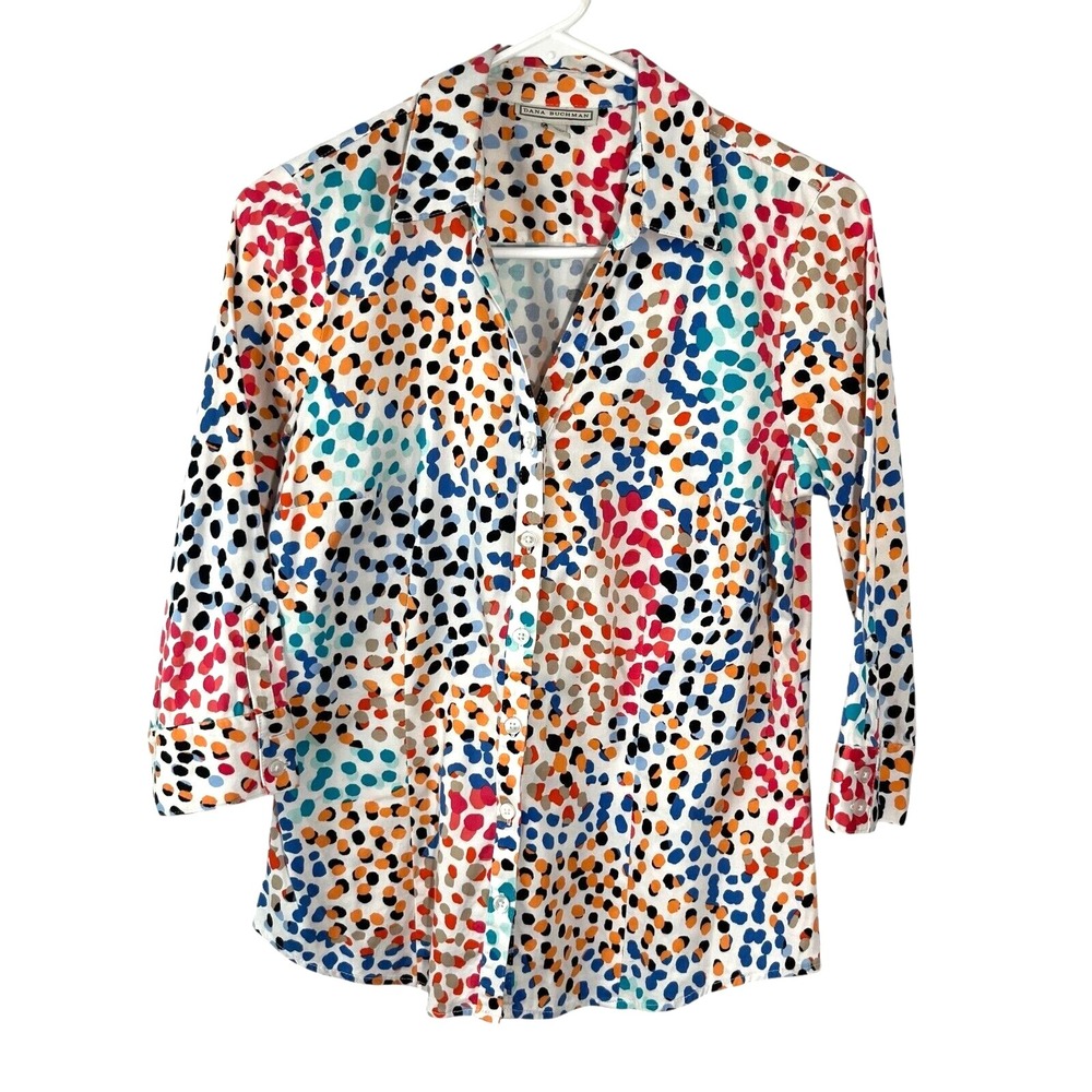 Dana Buchman Women's 3/4 Sleeve Button Up Shirt Polka Dots S
